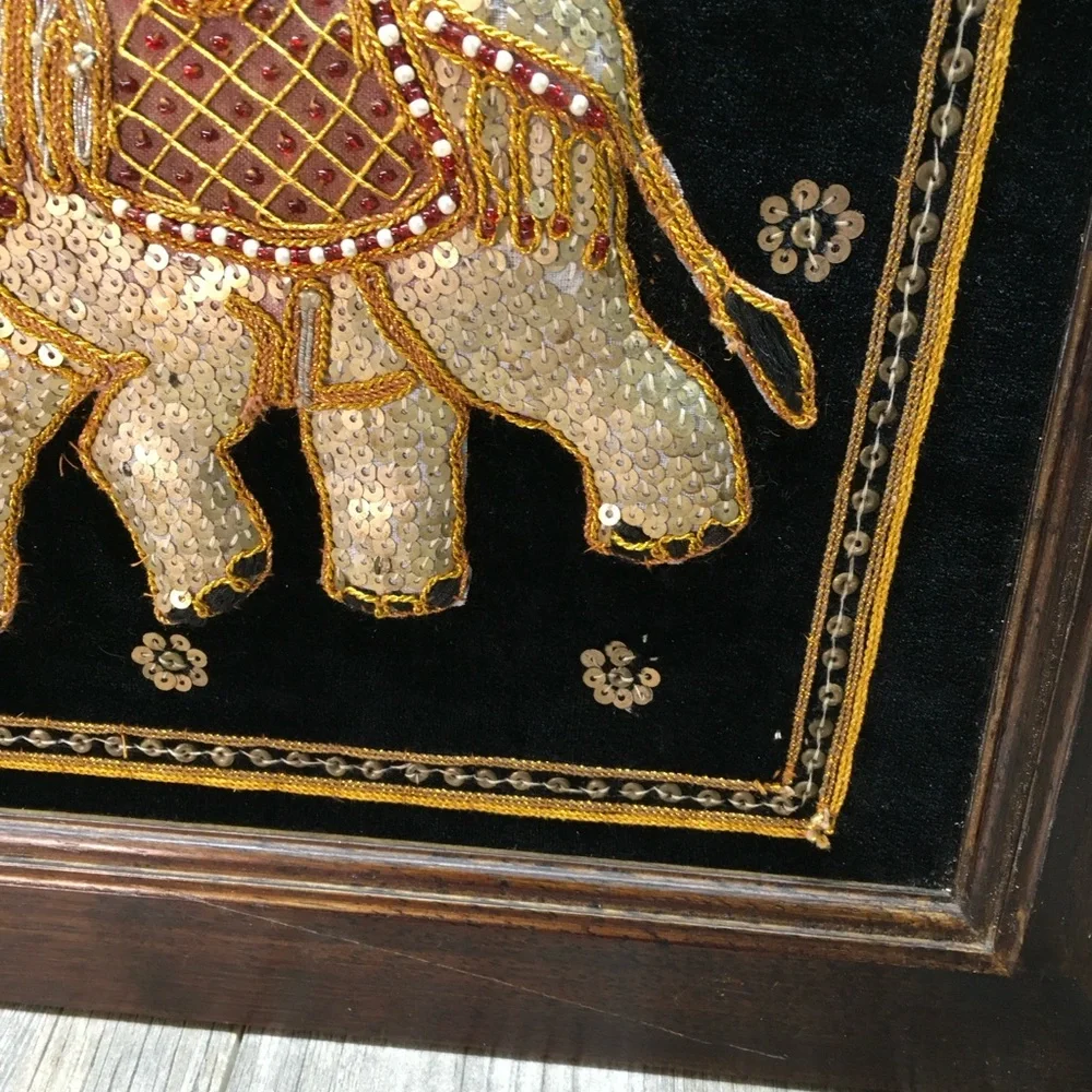 Thai Pearl Bead Sequined Elephant Hanging Wooden Framed Art Black Velvet